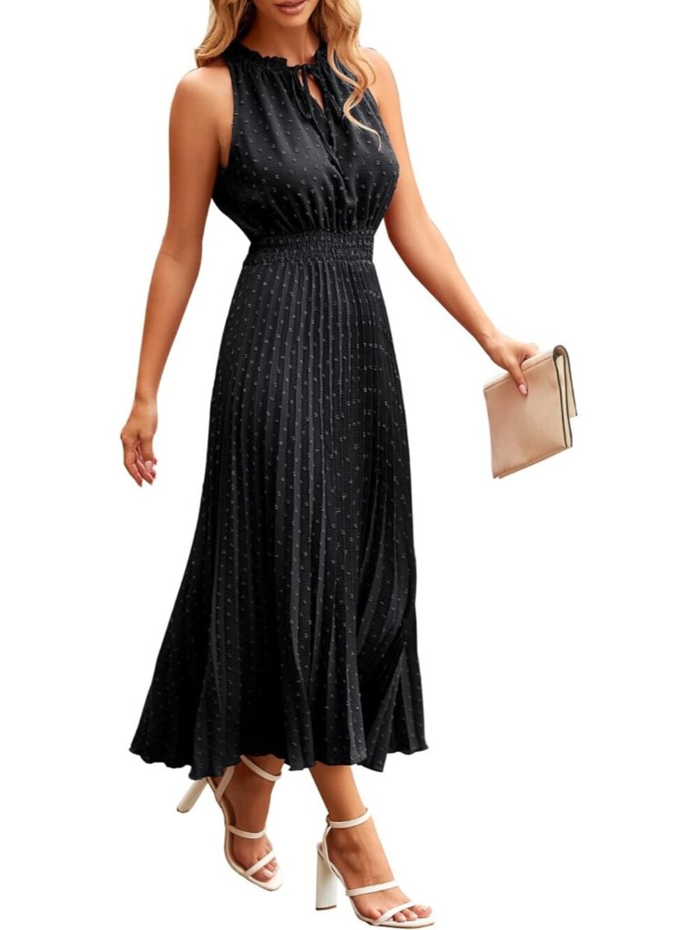 Women's Black Midi Summer Dresses Casual V Neck Swiss Dot Ruffle Sleeveless